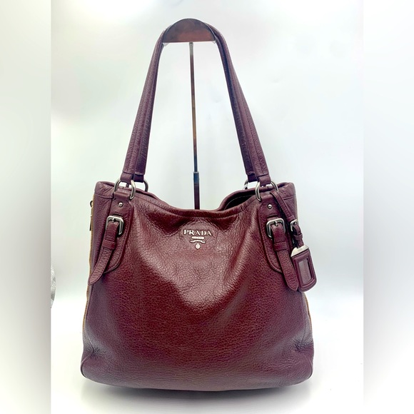 Auth Prada Burgundy Plum Cervo Shine Leather Double Zipper Shoulder Bag Preloved - Picture 1 of 16